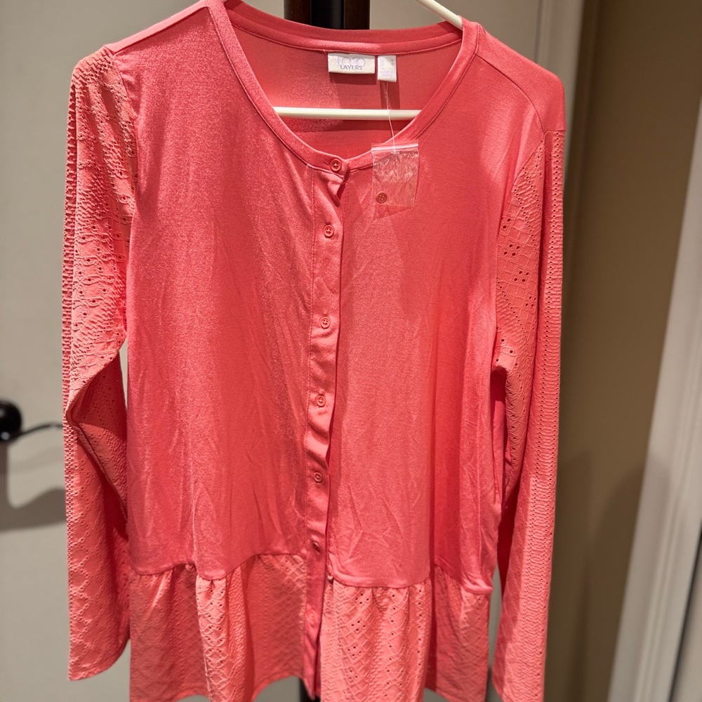 LOGO Layers by Lori Goldstein long-sleeve cardigan with an eyelet peplum.